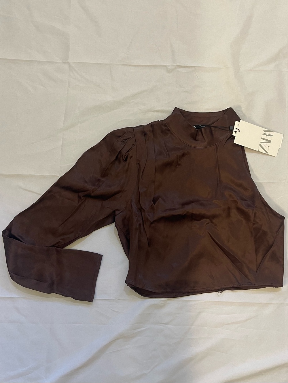 ZARA NWT Brown Satin One Shoulder Draped Blouse Top Size S